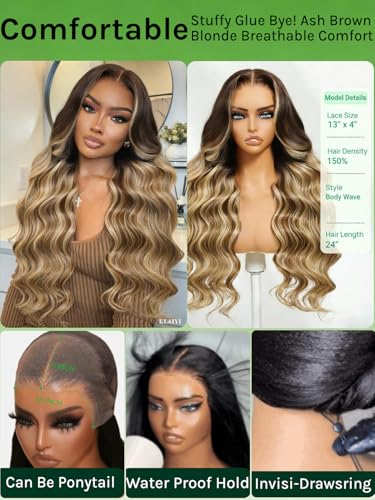 Image of KLAIYI Bye Bye Slip Pre Everything 13x4 Lace Front Honey Blonde Balayage Body Wave Human Hair Wig with Chestnut Brown Roots Drawstring Glueless Ombre Pre Plucked Bleached Knots Wear and Go Wig 24Inch