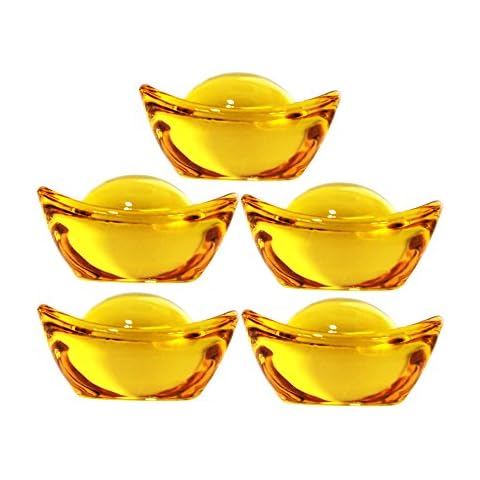 Omonic 5 Pcs 1.3" Set Yellow Crytal Feng Shui Golden Ingot/Yuan Bao YuanBao for Wealth Luck Fortune with Gift Box Cover