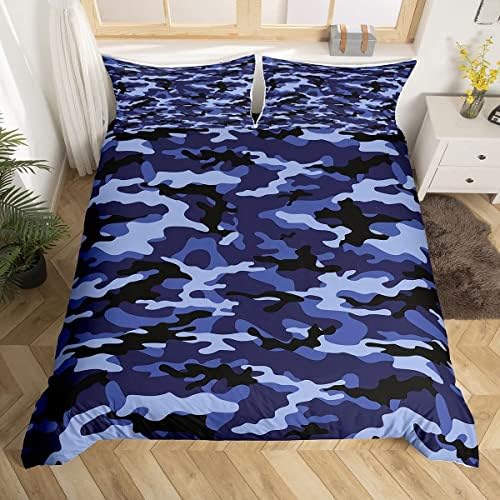 Homewish Camouflage Duvet Cover Set Full Size Army Camo Bedding Set 3pcs for Kids Boys Teens Room Decor, Dark Blue Print Comforter Cover Abstract Modern Bedspread with 2 Pillowcases