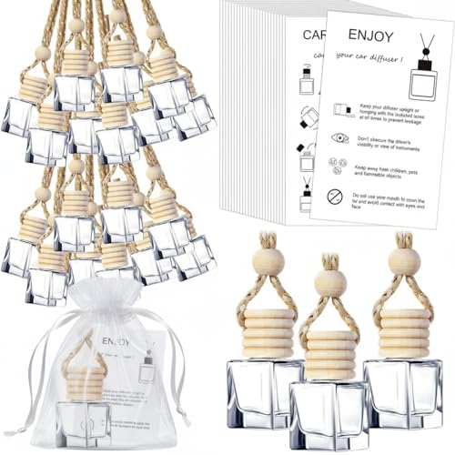 Image of Boao 25 Sets Hanging Car Air Freshener Diffuser Bottles Empty Bulk with Car Diffuser Instruction Cards Organza Bags Glass Refillable Essential Oil Fragrance Aromatherapy Pendant (Flat Square,Clear)