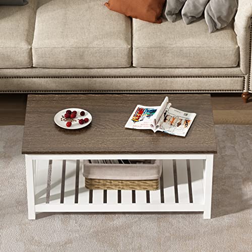 Choochoo Coffee Table, Rustic Farmhouse Table With Shelf For Living Room, Vintage Finish White #TOP3
