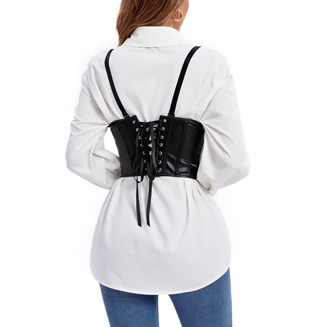 DISSA Corset Sous Poitrine Similicuir avec Bretelles | Similicuir, sous poitrine, fermeture busk avant, bretelles réglables, ruban laçage arrière, baleines plastiques