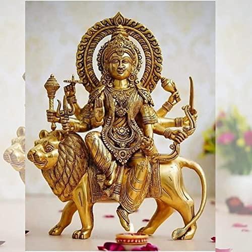 Image of Brass Durga Maa on Lion | Handmade Devi Durga Statue in Golden Color | Pital Murti | Home & Office D?cor /Temple /Gift Item | Height - 14.5 Inches /Wt. - 9.7 Kg