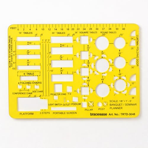 Traceease Acrylic Banquet & Seminar Planning Template for Event Layout – 1/8" = 1' Scale Stencil with Pre-Spaced Tables, Chairs, Podium, Door Swings and Event Planning Symbols, Compact 2 mm Thick Tool