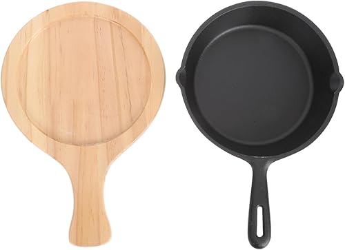 Sartén antiadherente de hierro fundido grueso para bistec y huevos con tabla de madera, olla de cocina para un uso estable y cómodo