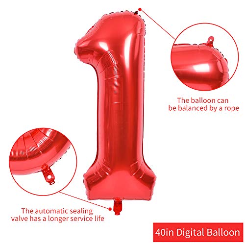 Image of TONIFUL 40 Inch Red Number 1 Balloons Large Foil 1st Birthday Decorations | Red 1 Balloon Number One for 1st 10th 15th 16th 21st Birthday 1 Year Anniversary, Red Birthday Decor for Men Women Boys Girls