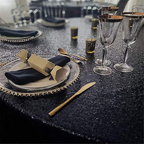Image of B-COOL Round Tablecloth Sequin Draping Decorations: 132 Inch Tablecloths Black Sequence Overlay Shimmer Fabric for Birthday Dinner Parties Halloween