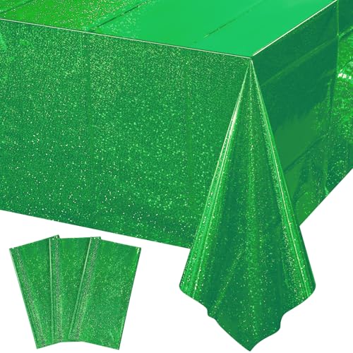 Image of 3 Pack Iridescent Green Plastic Tablecloths, Shiny Disposable Laser Rectangle Table Covers, Holographic Foil Tablecloth for St. Patrick's Day Birthday Christmas Witch Theme Party, 54x108Inch