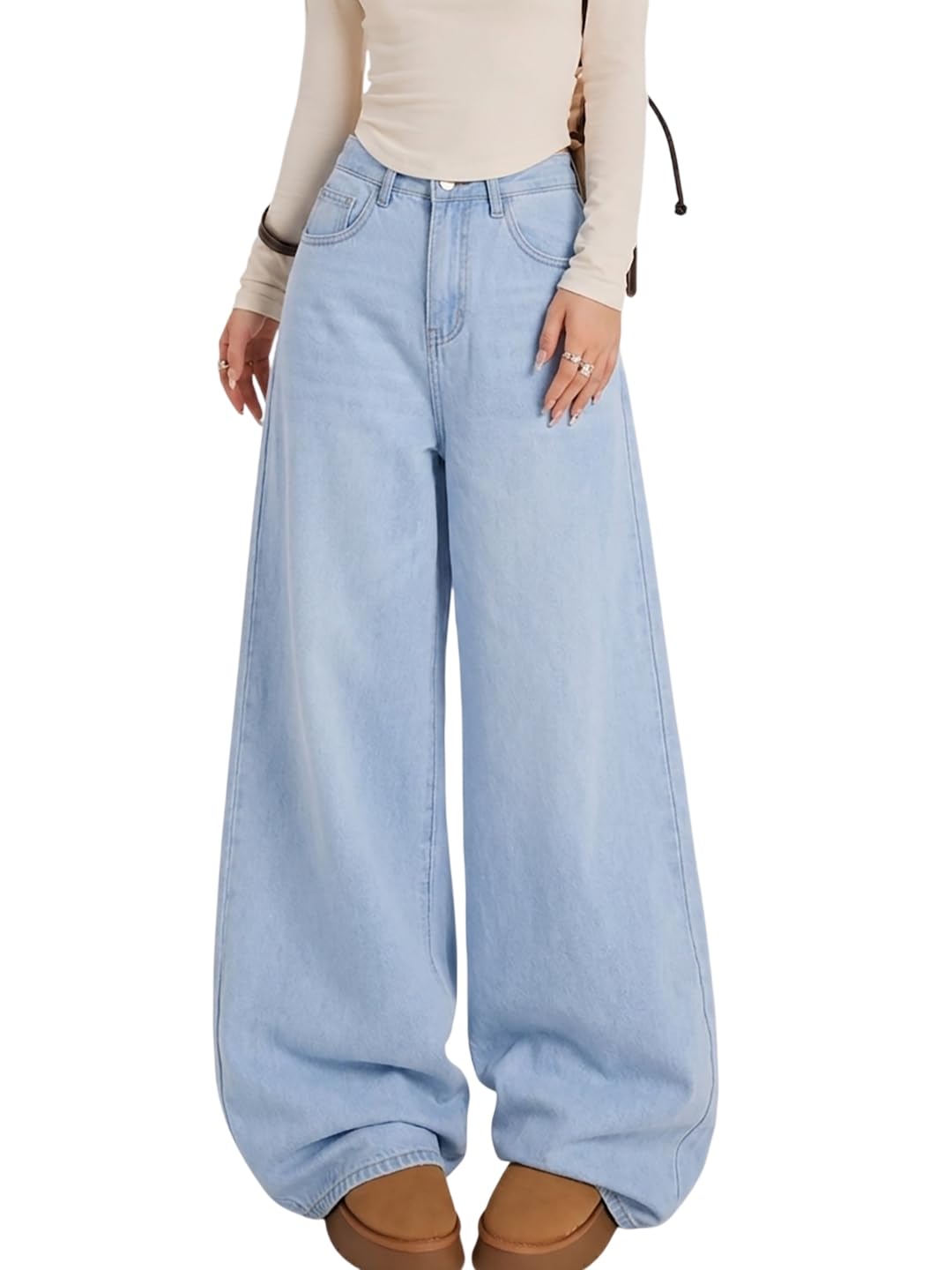 Women’s Grey Wide Leg Denim Jeans | High Rise Relaxed Fit Casual Fashion Jeans-image-31