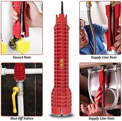 mado Faucet and Sink Installer Tool, Pipe Wrenches Socket Spanner Faucet Wrench Tool Multi-Purpose Wrench Tool with 10 m Tape, for Sink tap Plumbers Toilet Bowl (Red)