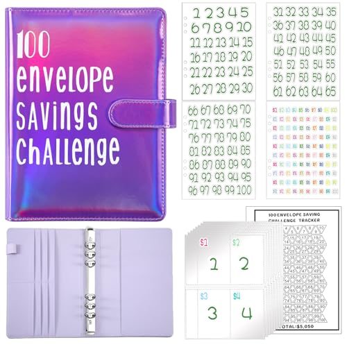 Aliceset 100 Envelopes Saving Challenge Binder, Easy and Fun Way to Save 5, 050, Budget Binder Savings Challenge Book with Cash Envelopes for Budgeting Planner(Laser Purple)