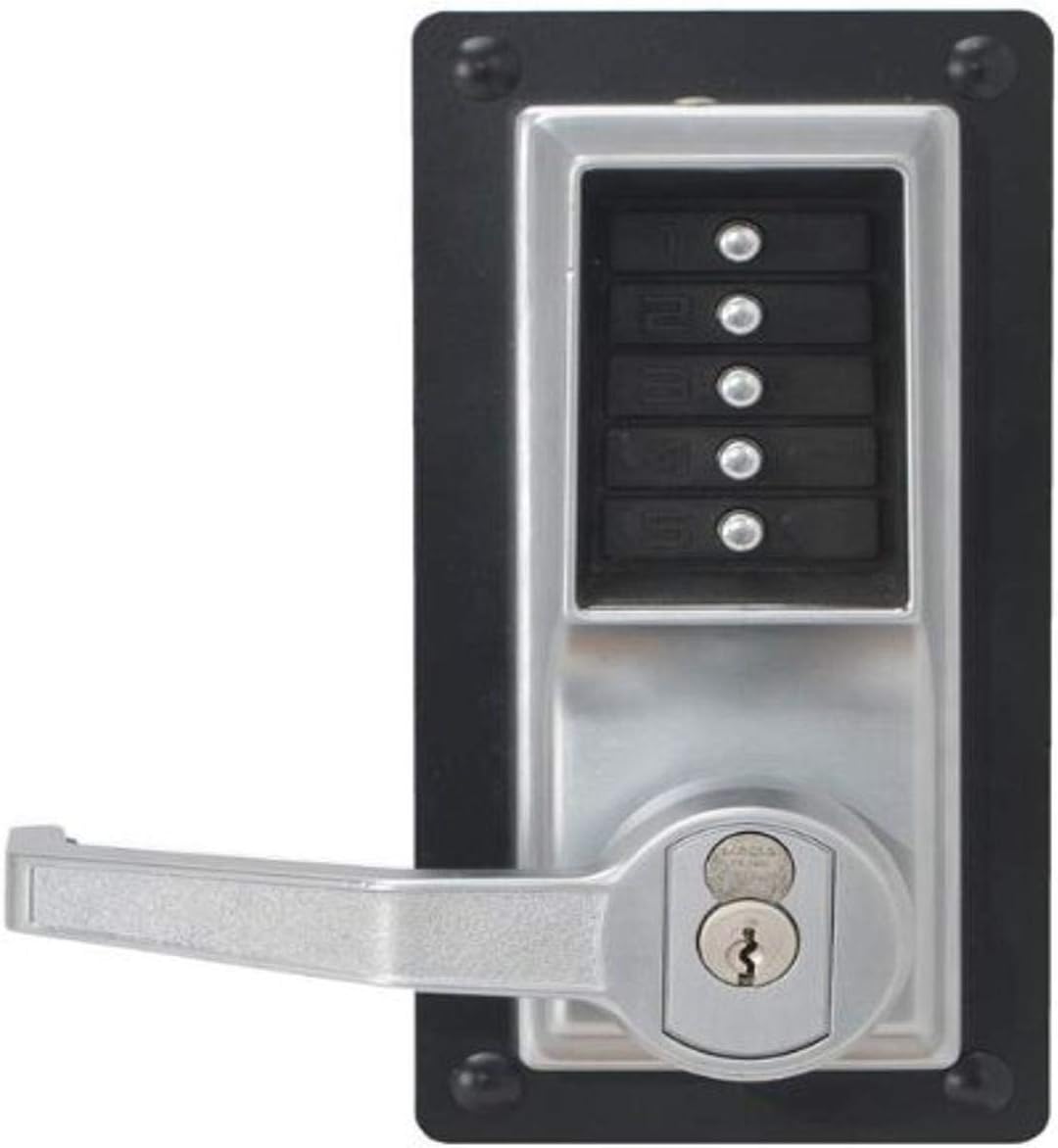 Kaba Simplex LP1000 Series Metal Mechanical Pushbutton Exit Trim Lock with Lever, Combination Entry and Key Override, R/C Medeco/ASSA/Yale/Abloy (5 or 6 Pin Length), Core Not Included, Satin Chrome Finish, Left Hand