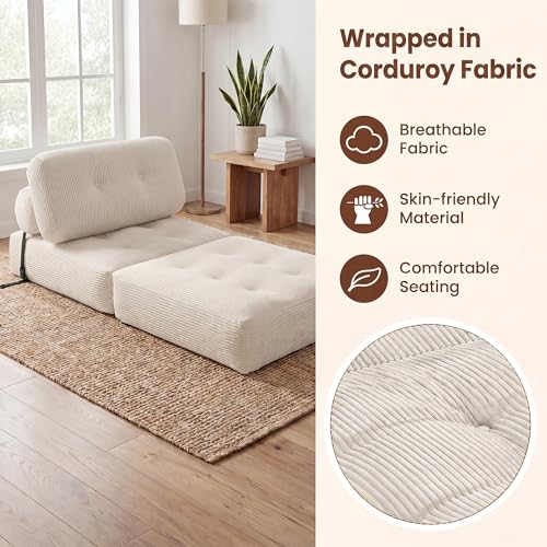 Image of COSTWAY Folding Sofa Bed with Pillow, Convertible Couch (Beige)