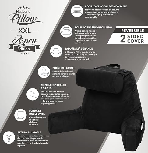Image of Husband Pillow XXL Aspen Edition, Adult Reading Sit Up Bed Rest Pillow for Bed with Arms & Neck Roll on Bungee Cord - Premium Memory Foam - Reversible 2 Sided Cover Micro Suede or Plush, Stable Black