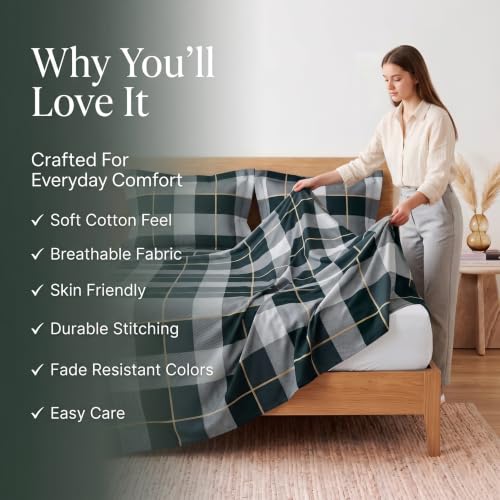 Image of BSB HOME 240 TC Cotton Feel Bedsheet with 2 Pillow Covers, Soft & Breathable Printed Double Bed Sheet for Bedroom, Fade Resistant & Easy Care Design - 90 x 100 Inches (228 x 254 cm) - Hunter Green