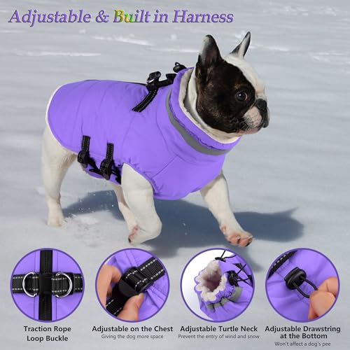 Image of Dogcheer Dog Coat with Harness, Waterproof Dog Jacket Adjustable Winter Coat with Zipper, Christmas Puppy Snow Jacket Fleece Sweater for Small Medium Large Dogs - Taro Purple L