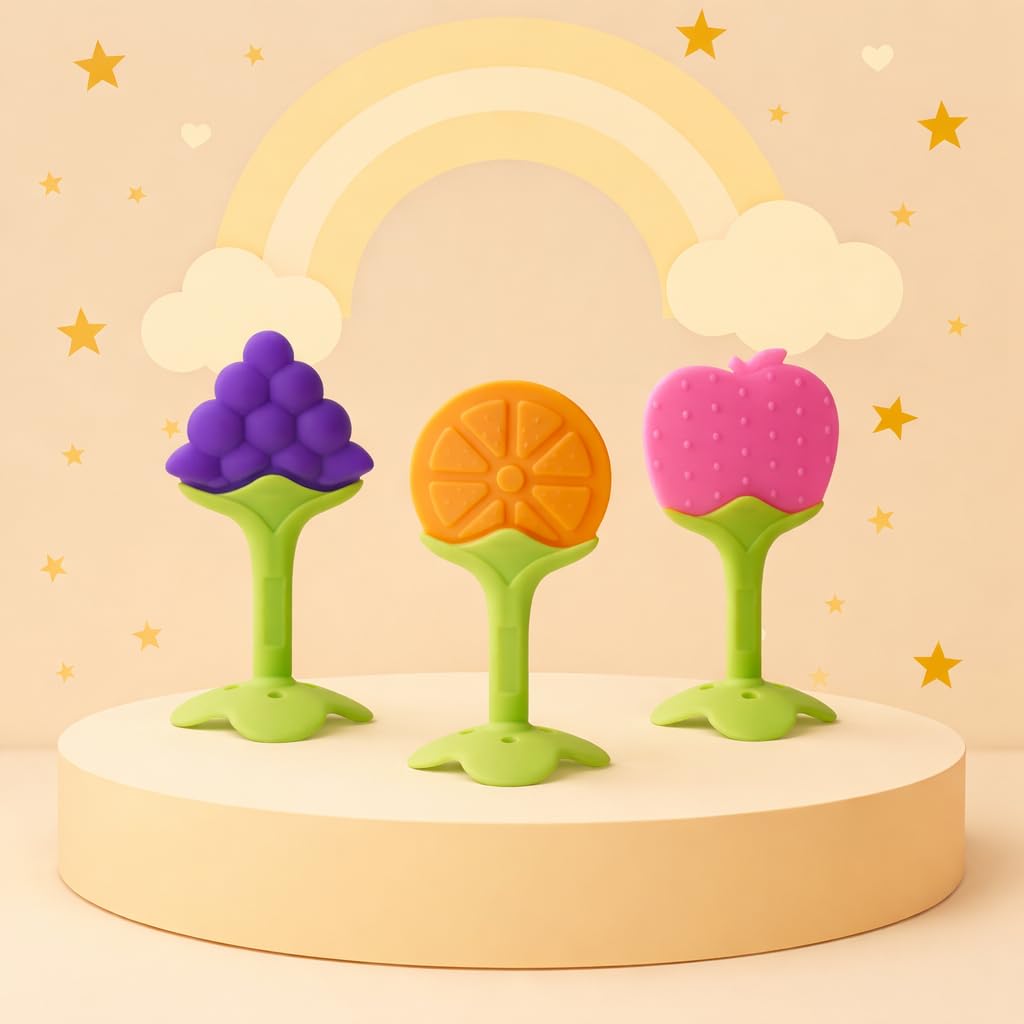 Pack of 3 Baby Fruit Shape Soft Silicone Teether Teething Toys for Baby Textured Molar Teeth Soother Massage| Infants (Design 830)-image-28