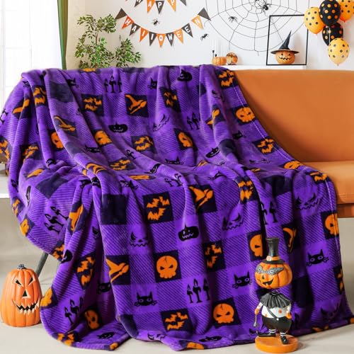 Touchat Halloween Blanket, Fleece Throw Blankets, Buffalo Plaid Throw Blanket for Couch Sofa Bed, Soft Warm Fuzzy Cozy Plush Checkered Blanket, Farmhouse Fall Decor, Purple