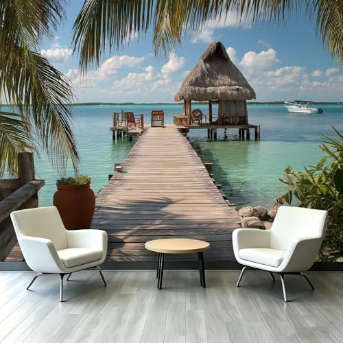 Papel pintado fotográfico de fieltro con diseño de costa y cabaña, 200 x 140 cm, vacaciones tropicales, para dormitorio, salón, cocina, papel pintado XXL, efecto 3D, decoración de pared