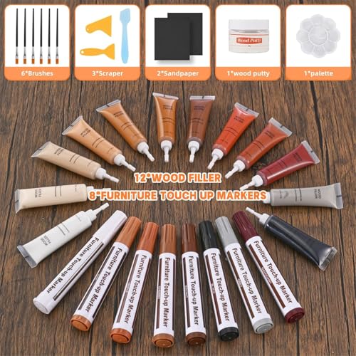 Image of Furniture Wood Repair Kit, Wood Markers for Scratches,12 Colors Wood Fillers for Stains and 8 Colors Furniture Markers Touch-up, Scratch, Cracks, Hole