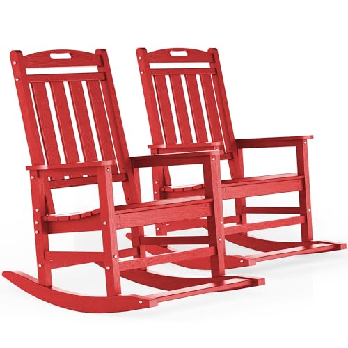 LOUNZY Outdoor Rocking Chair with Footboards Set of 2, HDPE Rocking Chair Patio Porch Rocker with 380lbs Support for Adult, Dark Red Set of 2 Dark Red