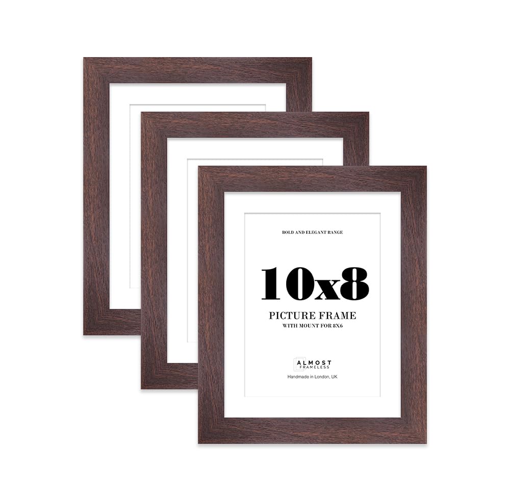 10x8 Walnut Frame With Mount for 8x6 Pictures 28mm Edge Portrait and Landscape Display with Wall Hooks and Kickstand, 3 Pack