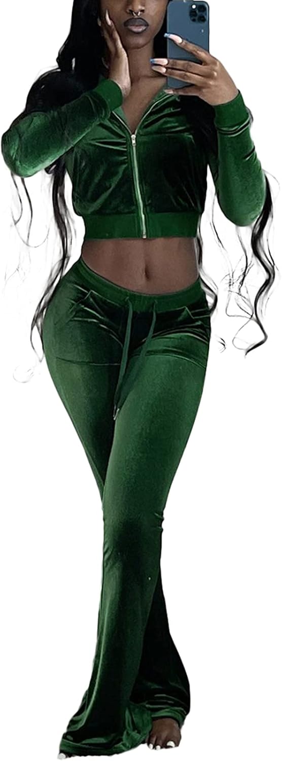 qfmqkpi Two Piece Outfits for Women Crop Top Zip Jacket and Flare Pants Set Velour Tracksuit