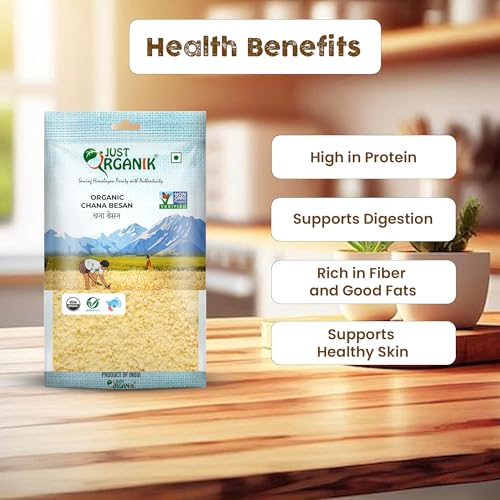 Image of Just Organik - Organic Chana Besan 2 Kg, (4 x 500g), certified Organic | pack of 4 | Gram flour | chickpea flour | bengal gram Fine besan