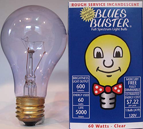 Blues Buster® Full Spectrum Light Bulb, 60 watt Clear Incandescent. Shines Like The Sun, Dimmable Bulbs for Everyday Use.