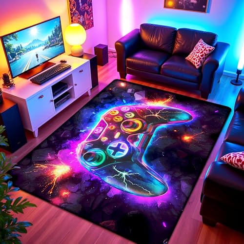 3x5 ft Neon Gaming Area Rug for Boys Room Colorful Game Controller Carpet for Gamer Room Decor Low Pile Non-Slip Video Game Rug for Teens Playroom or Game Zone - 03
