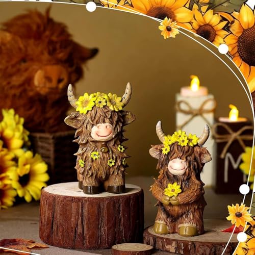 Cute Highland Cow Figurines 2 Pcs, Resin Statues Adorable Farm Animal Collectible Ornaments for Desk Shelf Home Garden Decor (Yellow) - Image 6