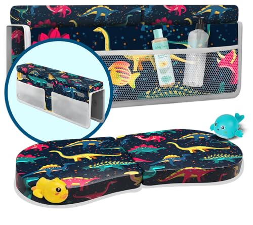 Image of Baby Bath Kneeler and Elbow Rest Pad 2 Pieces Set with 3 Spacious Pocket to Organize Baby Acessories, 1.5" Thick Non-Slip, Soft, Fast-Drying Foldable Toddler Bath (Multi-Color Dino)
