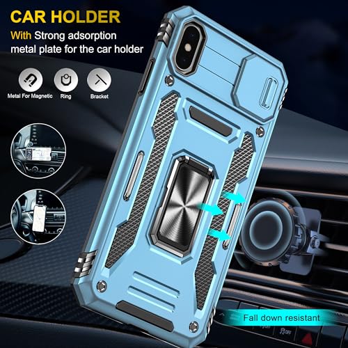 Image of Polycarbonate Slide Camera Cover with Ring Holder Mobile Phone Back Cover for iPhone X /XS (Blue)