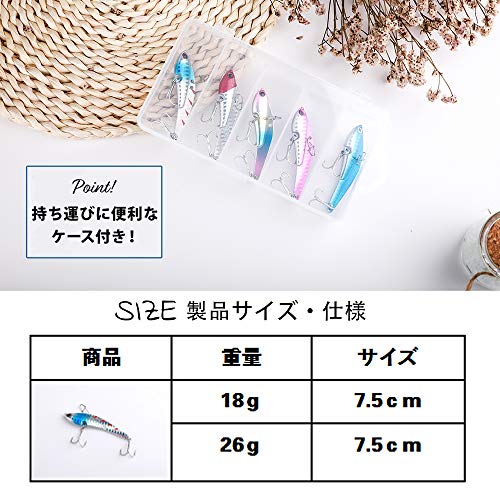 ヒーロー釣具 メタルバイブレーション ルアー5個セット 26g 73mm ジグ 港 堤防 河口 海釣り 遠投 シーバス 青物 タチウオ ヒラメ メタルバイブ 鉄板バイブ バイブレーションリップレス シンキングミノー ペンシルベイト フック付き 飛距離 でかっとびます プラケース付き 5枚目