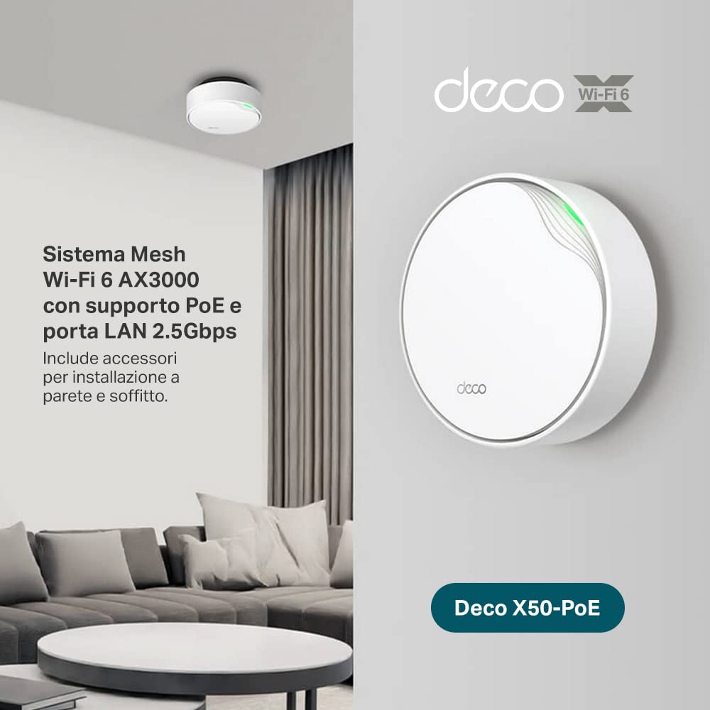 TP-Link Deco X50-PoE Router Mesh WiFi 6, AX3000Mbps Dual Band, Poe(Alimentazione Tramite Ethernet), Porta Ethernet da 2,5 Gbps, Ripetitore WiFi, Access Point, Alexa, 3 Pezzi con Copertura Fino a 600㎡