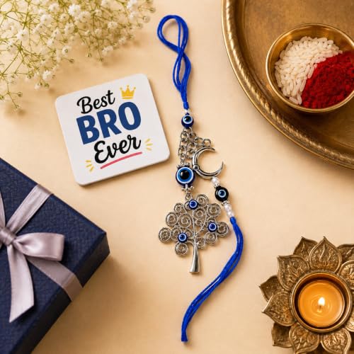 Image of eCraftIndia Designer Evil Eye Tree of Life & Moon Bhaiya Bhabhi Rakhi with Best Bro Ever Fridge Magnet, Blue Nazar Rakhi Set for Brother & Bhabhi, Raksha Bandhan Gift with Roli Chawal