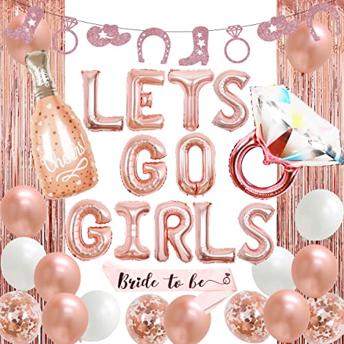 Rose Gold Lets Go Girls Bachelorette Party Decoration, Western Cowgirl Bridal Shower Decor, Lets Go Girls Balloon Banner Bride To Be Sash Cowgirl Glitter Banner For Nashville Last Rodeo Bachelor Party #TOP22