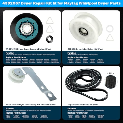 UPGRADED WPW10314173 4392067 MEDB835DW4 Dryer Repair Kit fit for Maytag Bravo Whirlpool Dryer Belt Drum Roller W10314171 MEDB835DW2 MEDB835DC4 MED3500FW1 80047 279640 W10837240 661570V LUXRILIX