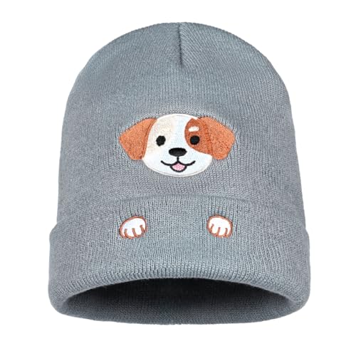 Zgboaht Dog Head Embroidery Knit Beanie Hat for Adult and Big Kids Personality Watch Cap Winter Warm Skull Cuffed Hats