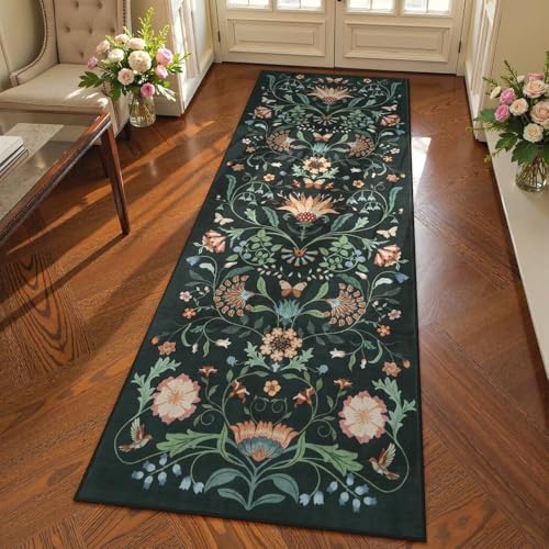 Image of Rugcomf Runner Rug for Hallways Kitchen Rug Non Slip 22 * 45 cm Washable Rugs with Rubber Backing Soft Floral Carpet Runner for Hallways, Kitchen, Laundry, Bedroom, Bathroom(Green)