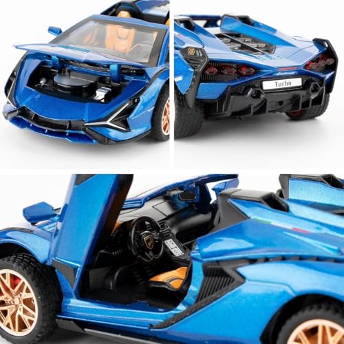 Image of 1:32 Open Lamborghini Sian Sport Diecast Metal Pullback Toy car with 6 Openable Doors & Light, Music Boys Gifts Toys for Kids (1:32 Open Lamborghini - Blue)