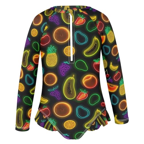 ALAZA Funny Fruit Cherry Lemon Neon Girls One Piece Swimsuit Long Sleeve Rash Guard Swimsuits UV 50+ Swimwear Zipper2