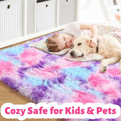 Amdrebio Hot Pink Rainbow Area Rug for Girls Bedroom 6x9, Large Fluffy Cute Fuzzy Colorful Pastel Kids Rugs for Nursery Playroom Classroom, Shaggy Princess Carpet for Baby Toddler Teen, Home Decor