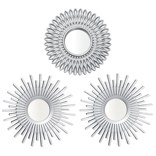 Image of Y.H BLISSHAVEN Set of 3 Decorative Wall-Mounted Mirrors – 1 Sunflower Shape & 2 Sunburst Round Mirrors – Vintage Gold Wall Decor for Living Room, Bedroom, Hallway (Silver)