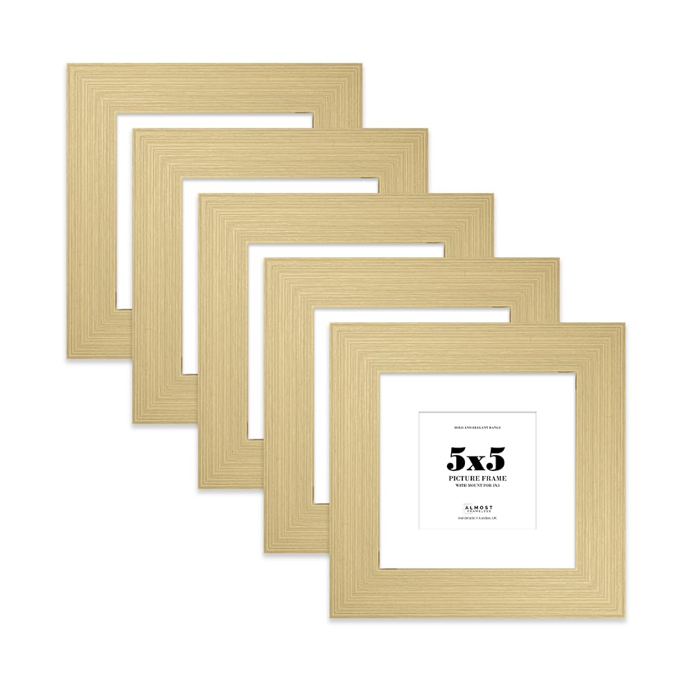 5x5" Gold Square Frame With Mount for 3x3" Pictures 28mm Edge Frame Display with Wall Hooks and Kickstand, 5 Pack