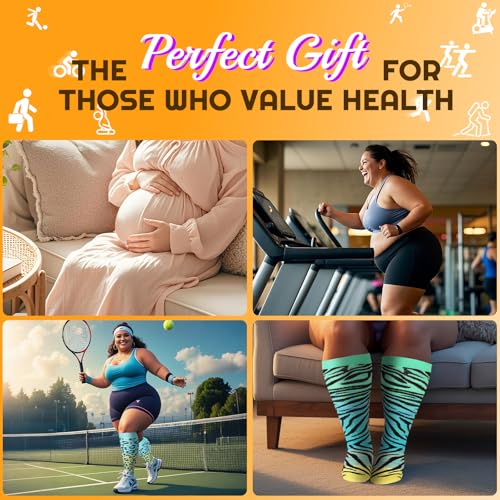 Image of Plus Size Compression Socks for Women & Men 4 Pairs, Wide Calf Extra Large 20-30 mmHg Knee High Support Socks for Travel, Running, Nurse