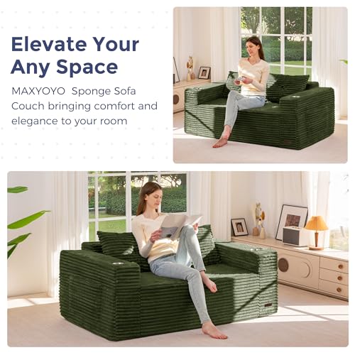 Image of MAXYOYO 63 inch Boneless Loveseat Sofa Couch for Small Spaces, Mini Love Seat Floor Couch with Cup Holders and Pillows, 2-Seater Upholstered Cloud Couch for Bedroom Apartment, No Assembly Required