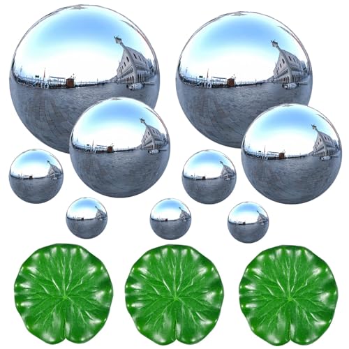 AUEJACKY Edelstahl Spiegelkugel 9PCS Gartenkugeln Für Außen Winterfest Klein Garten Teiche Deko Set Silberne Schwimmkugeln Für Miniteich Springbrunnen Teichbecken.