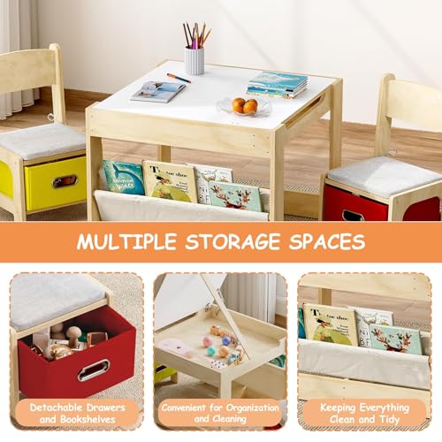 Image of EXPERLAM Kids Table and 2 Chairs Set, Wooden Toddler Activity Table with Adjustable Drawing Tabletop, Safety Hinges, Storage Drawers &Bookshelf for Playroom, Nursery, Ages 1-6, Burlywood