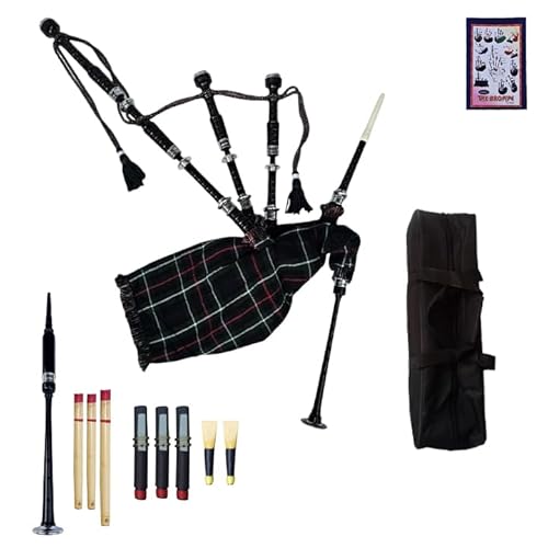 Tartancity Mackenzie Tartan Great Highland Gaita com suportes prateados, coleção de drones, canas de prática, livro tutor, cachimbo de ar, bolsa de transporte, autêntico instrumento musical escocês